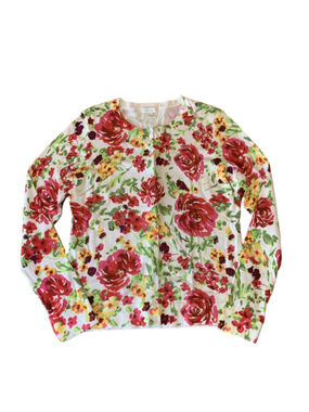 Charter Club Cardigan Large Red Floral Print Beautiful Buttons Sequin Accents.